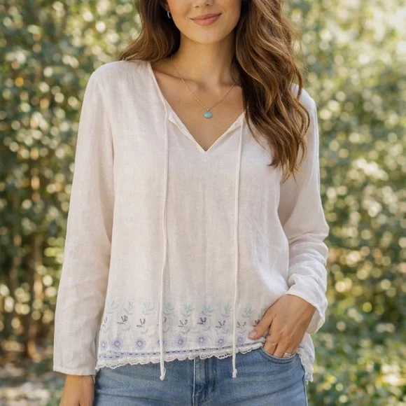 Cynthia Howie Boutique Dainty Beaded Linen White Embroidered Women's Top Sz 8 - Picture 1 of 11